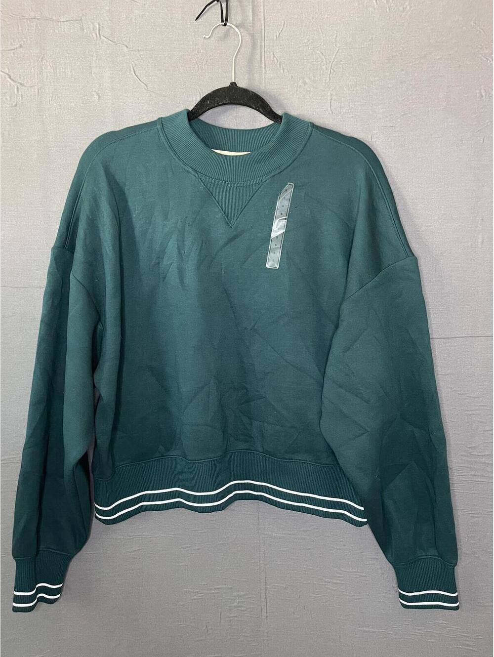 CALIA Women’s Small Crewneck Sweatshirt Green Ribbed Striped Hem Pullover
